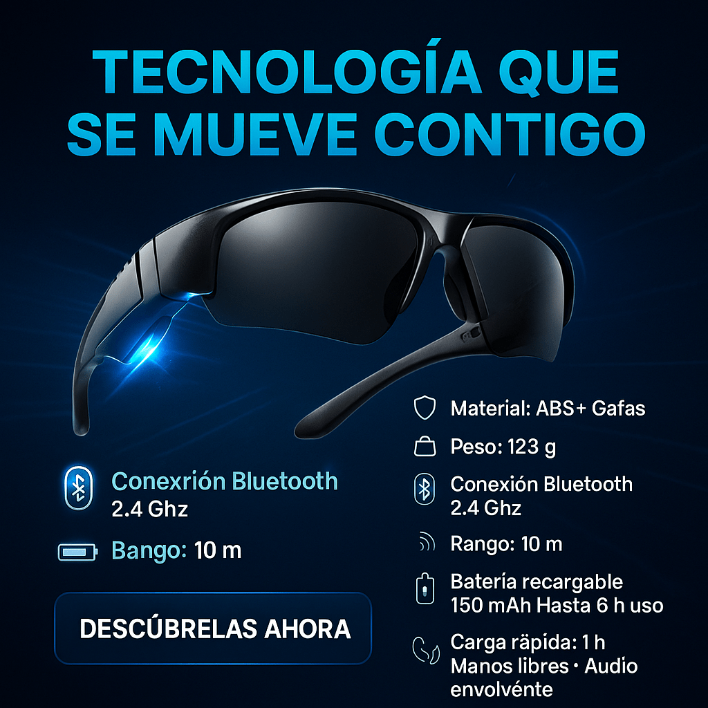 GAFAS BLUETOOTH – Olvídate de los audífonos incómodos y los cables enredados.