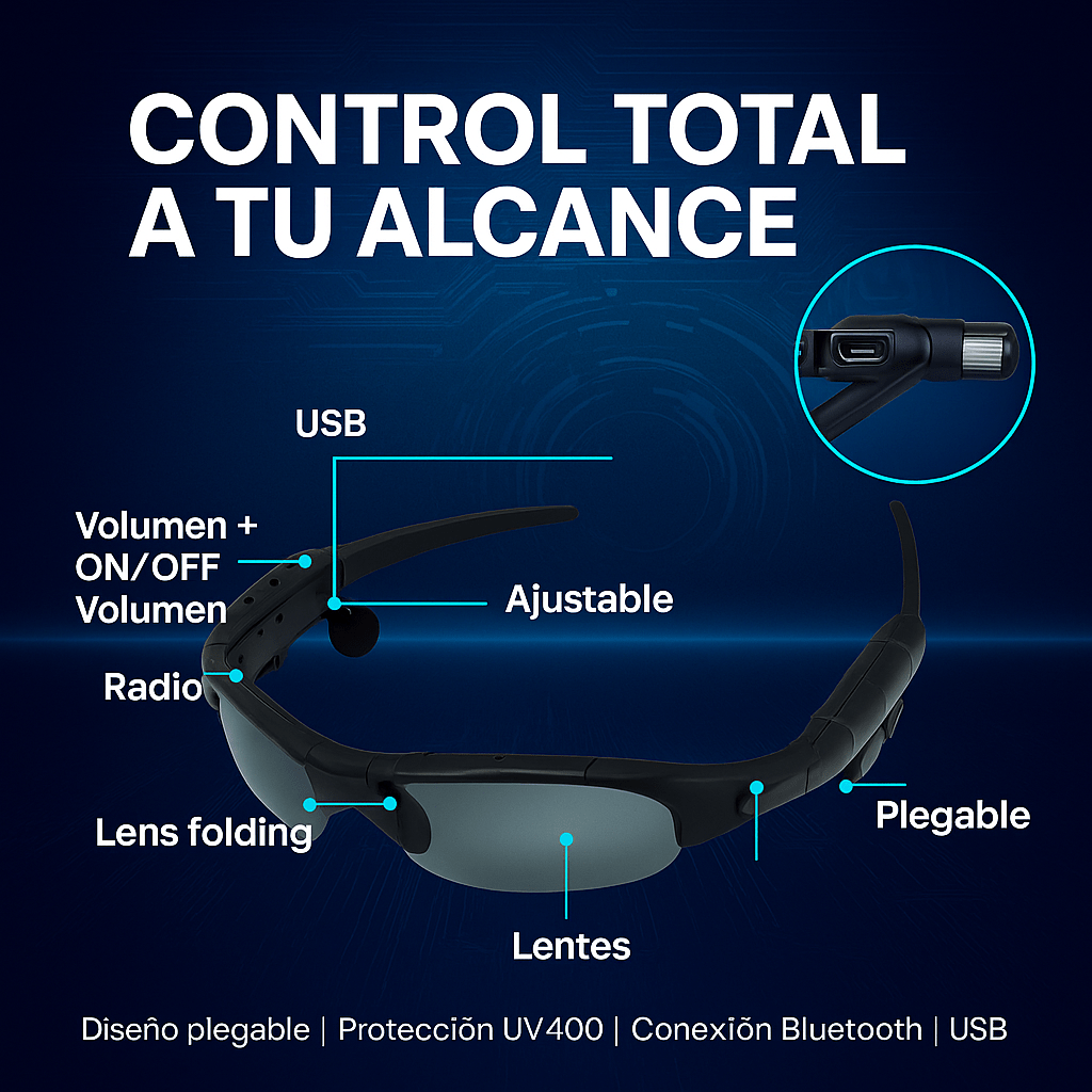 GAFAS BLUETOOTH – Olvídate de los audífonos incómodos y los cables enredados.