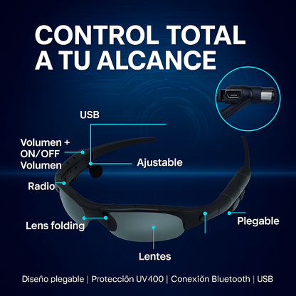GAFAS BLUETOOTH – Olvídate de los audífonos incómodos y los cables enredados.