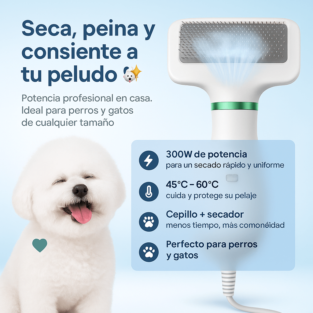 Cepillo Secador 2 en 1 Para Mascotas - Seca rápido, no quema y deja el pelaje brillante.