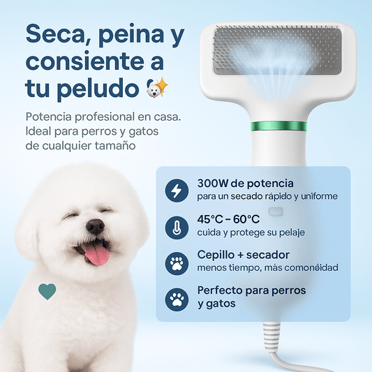 Cepillo Secador 2 en 1 Para Mascotas - Seca rápido, no quema y deja el pelaje brillante.